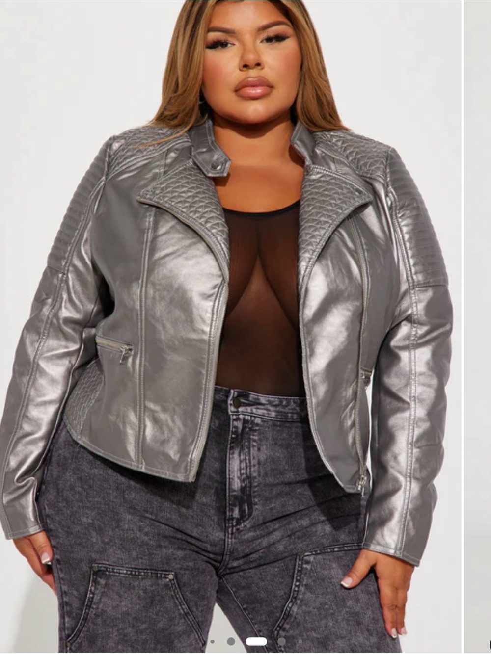 Fashion Nova Metallic Silver Faux Leather Moto Jacket